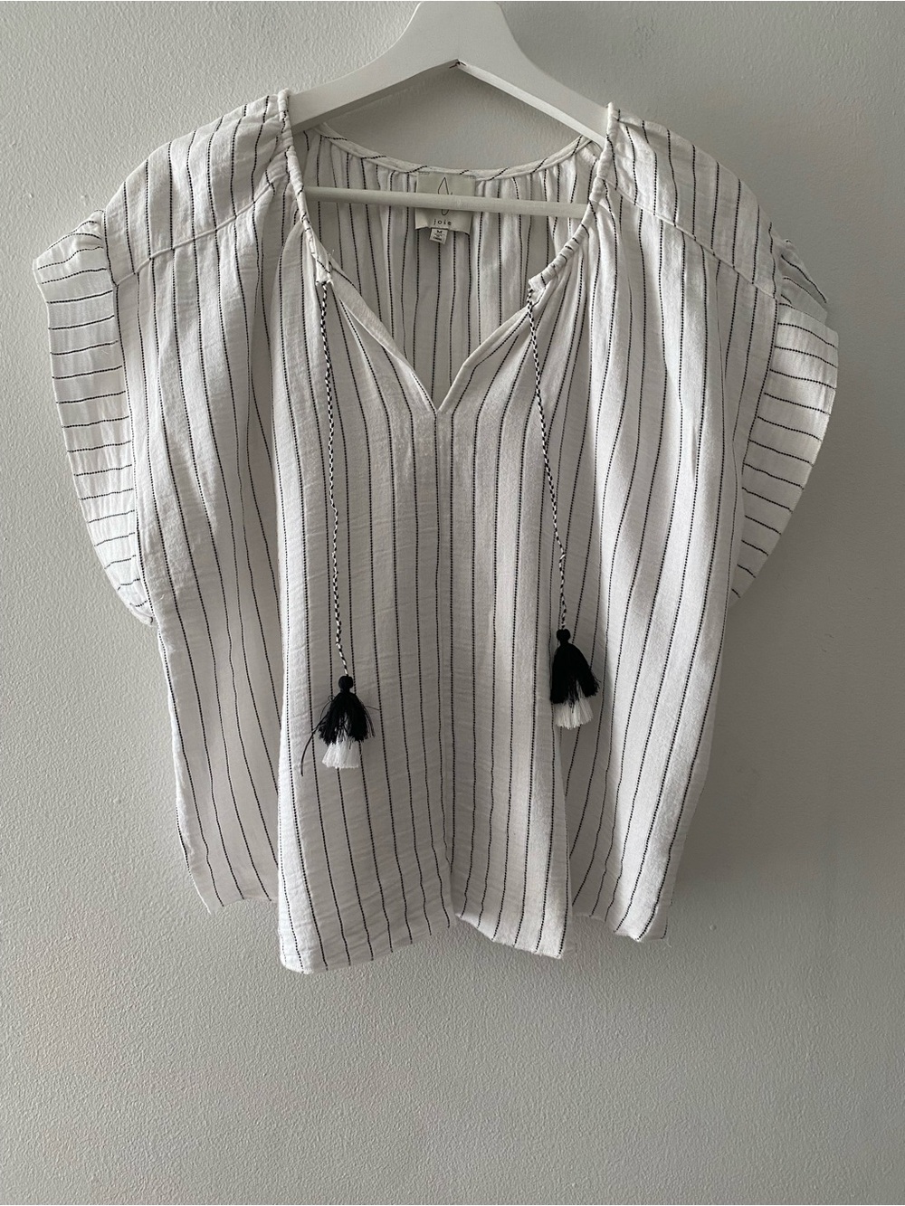 Joie White Striped V-Neck Tassel Peasant Knit Top Cotton Blend